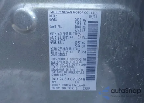 2015 Nissan Rogue S/Sl/Sv из США, поврежденный, VIN 5N1AT2MT5FC875248